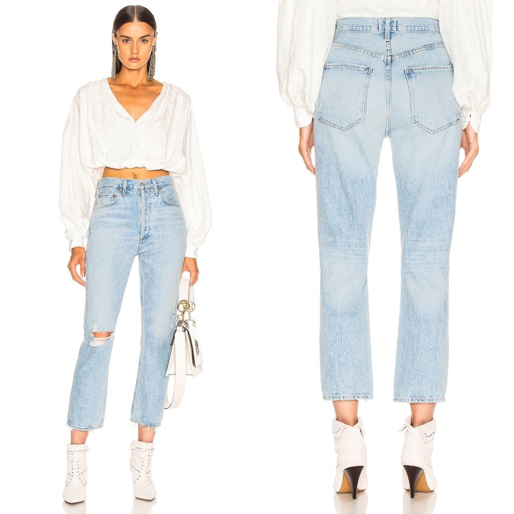 AGOLDE Riley High Rise Straight Crop Jeans Shatter Light Blue Raw Hem - 28